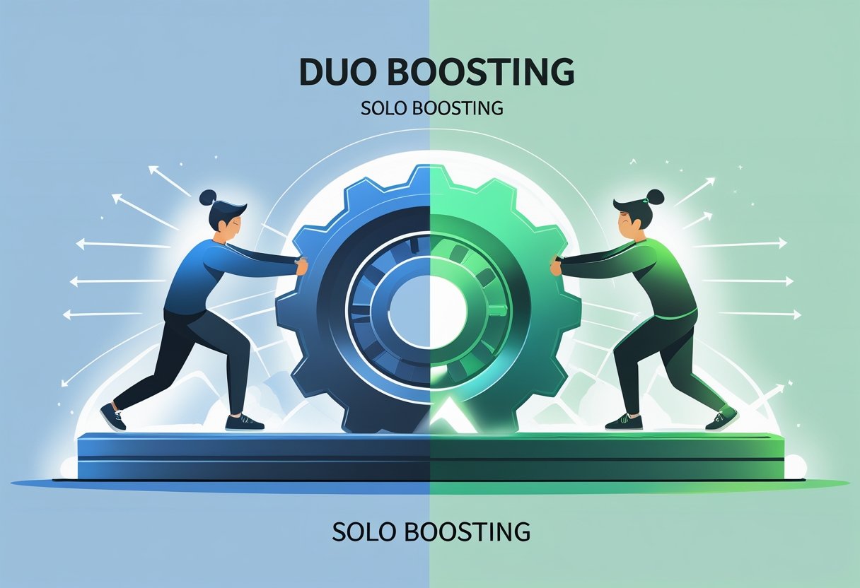 Two figures working together to power a large glowing gear, contrasted with a single figure pushing a smaller gear, illustrating teamwork outperforming solo effort.