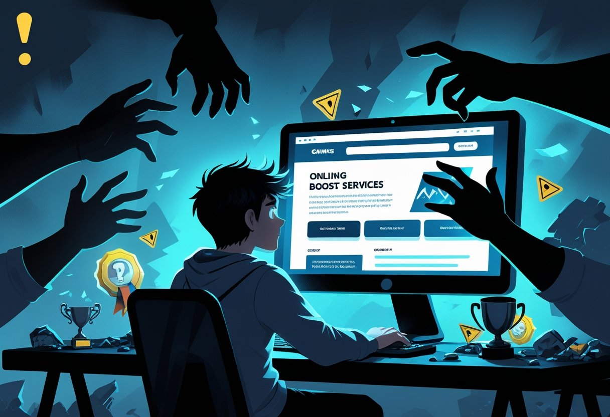 A worried gamer at a computer surrounded by broken trophies and shadowy hands reaching from the screen, symbolizing risk and disappointment.