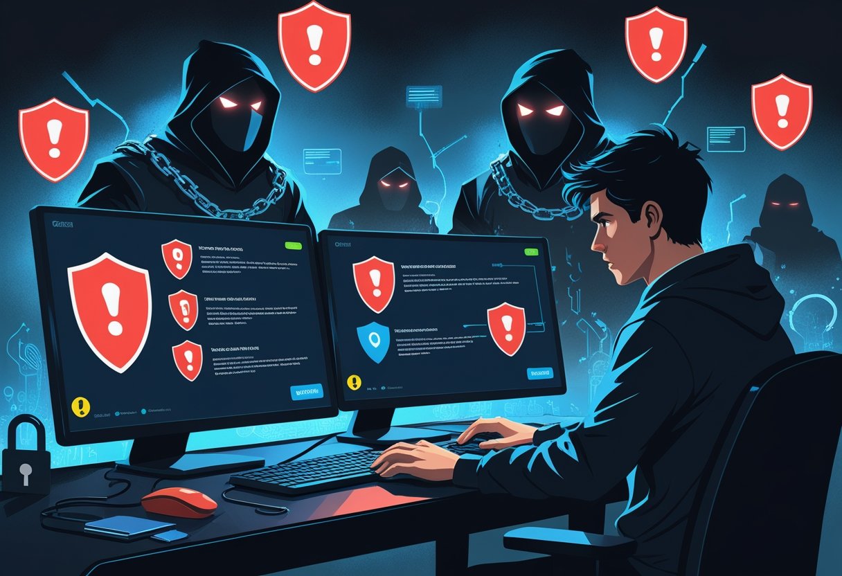 A worried gamer at a computer desk with warning symbols on screens and shadowy figures representing hackers trying to access the gamer’s account.
