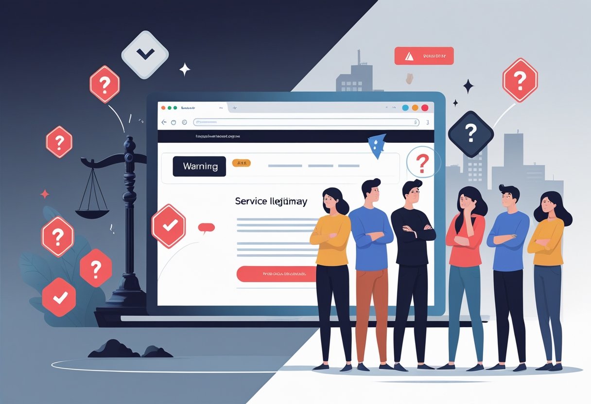 A split scene showing a suspicious website with warning symbols on one side and confused, frustrated people on the other side, with scales of justice in the background.