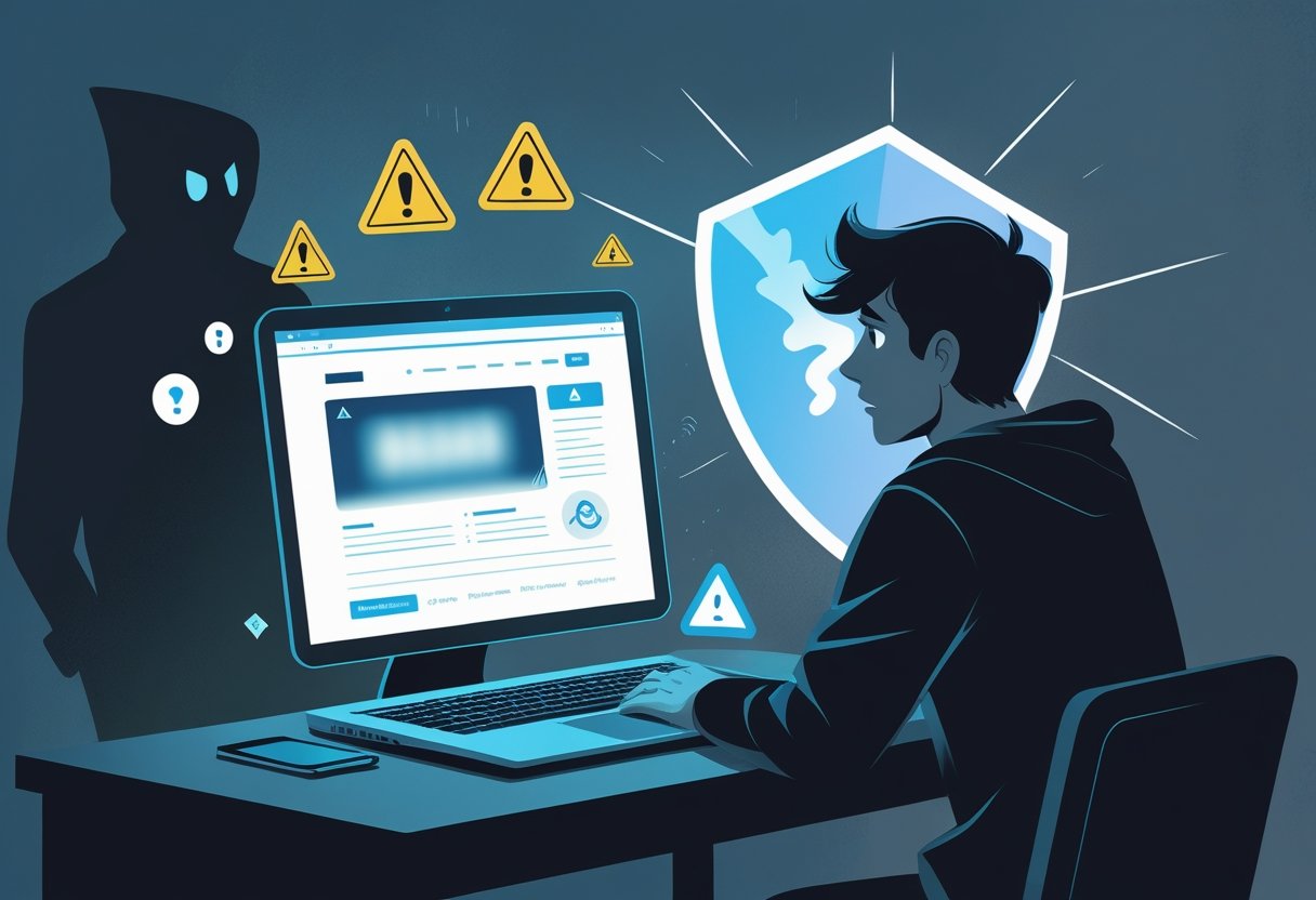 A person looking worried while using a laptop showing a suspicious website, surrounded by warning symbols and a shadowy figure behind the screen.