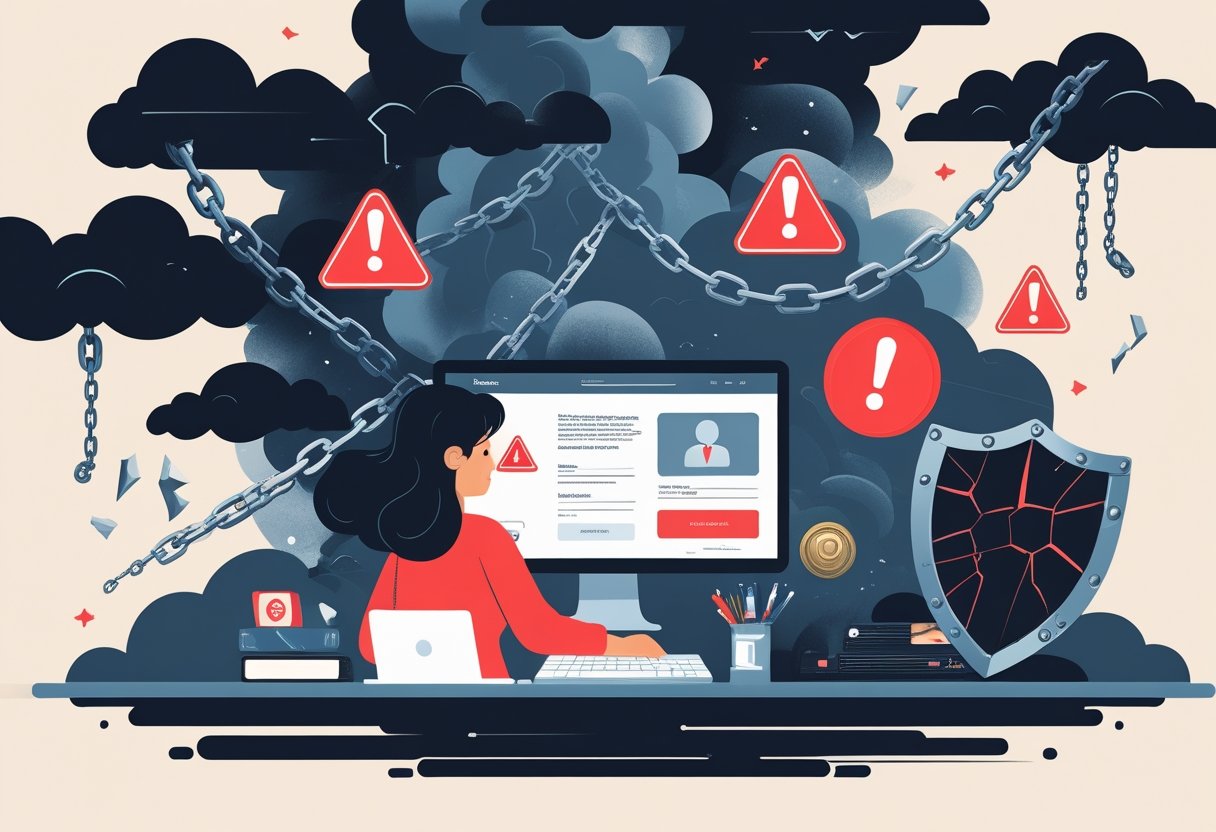 A person looking worried at a laptop surrounded by warning symbols and dark clouds, with broken chains and a cracked shield in the background.