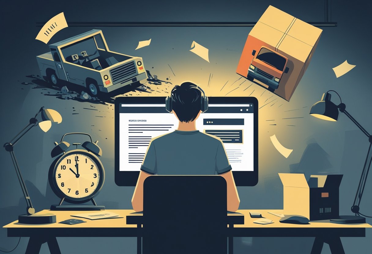 A frustrated person sitting at a desk with a laptop showing a broken webpage, surrounded by symbols of delayed delivery and communication problems.