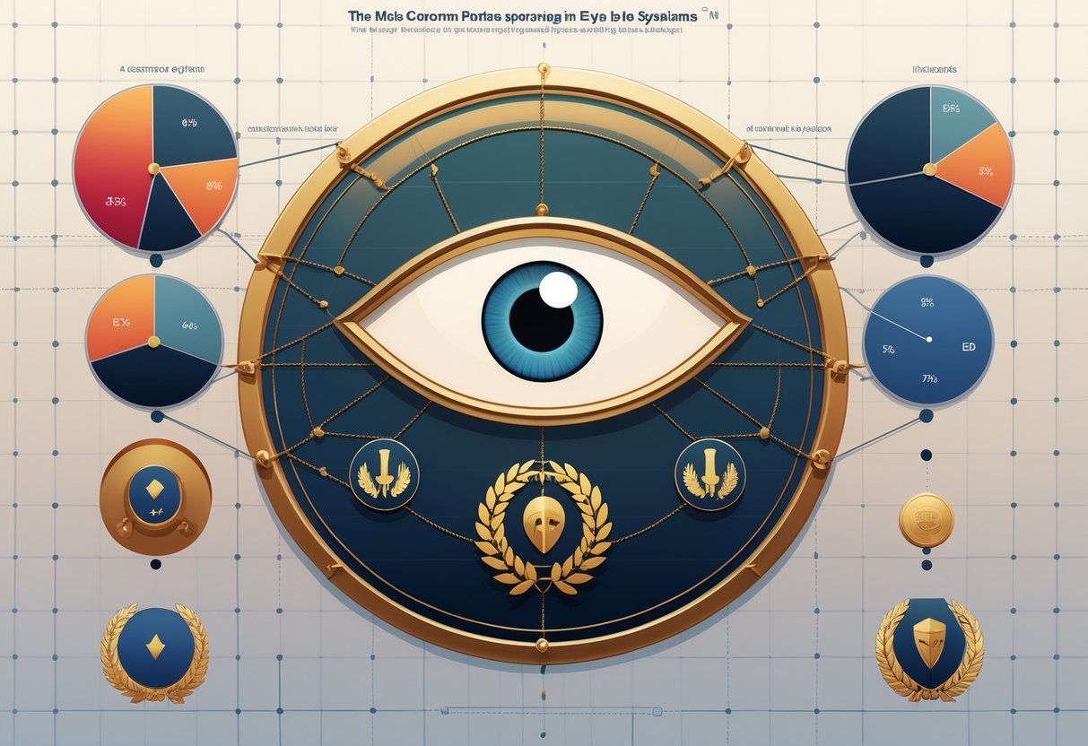 Ilustrasi infografis yang menampilkan pola paling sering muncul di Eye of Spartacus berdasarkan analisis data pemain, dengan simbol mata di tengah dan grafik serta ikon bertema Romawi kuno di sekitarnya.