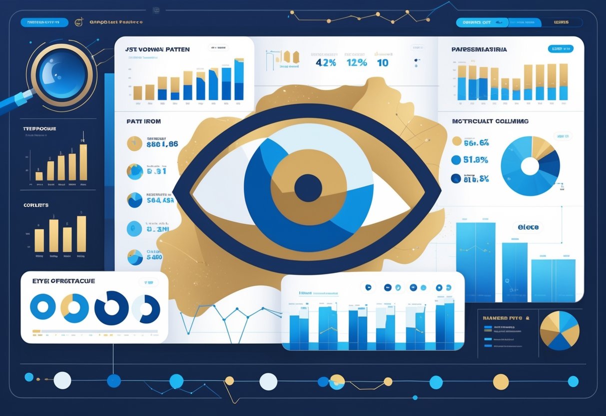 Ilustrasi profesional yang menunjukkan pola-pola paling sering muncul di permainan Eye of Spartacus berdasarkan analisis data pemain, dengan simbol mata di tengah dan grafik di sekelilingnya.