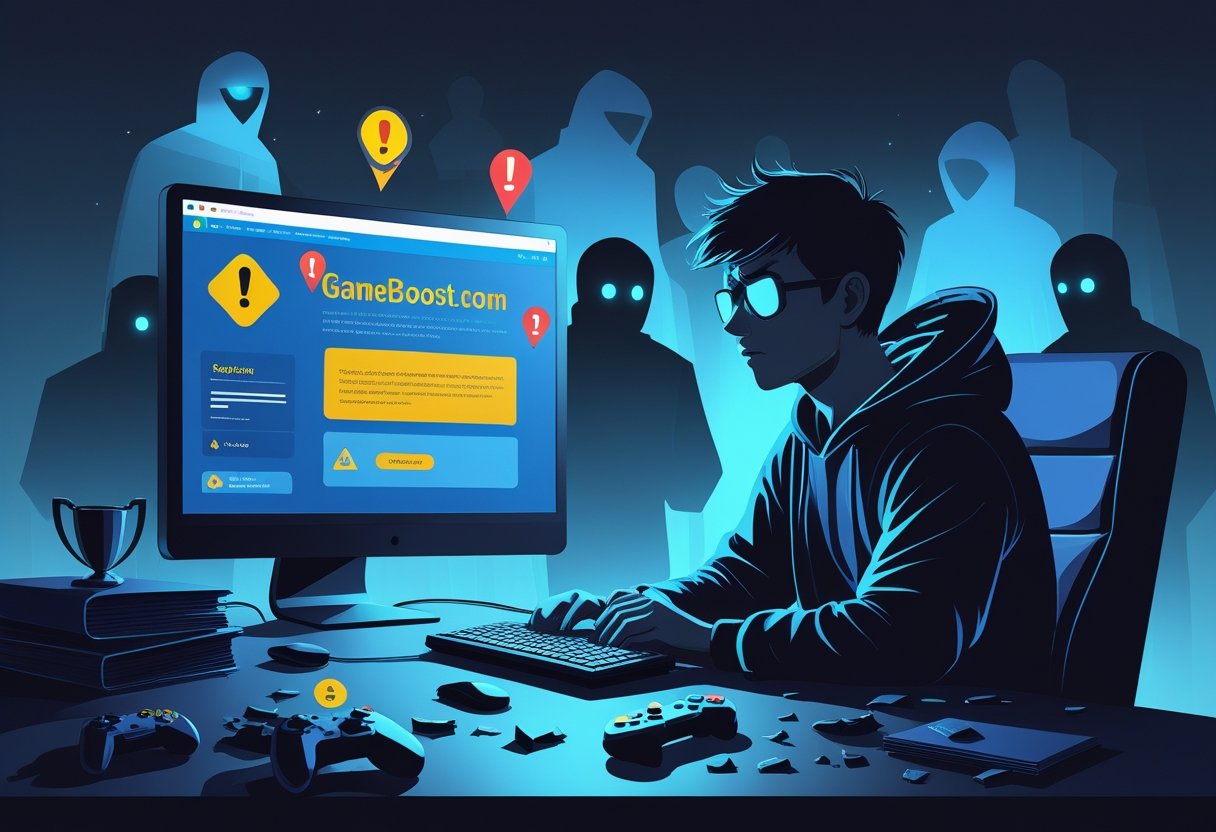 A worried gamer sitting at a computer desk surrounded by warning icons and shadowy figures representing online risks.