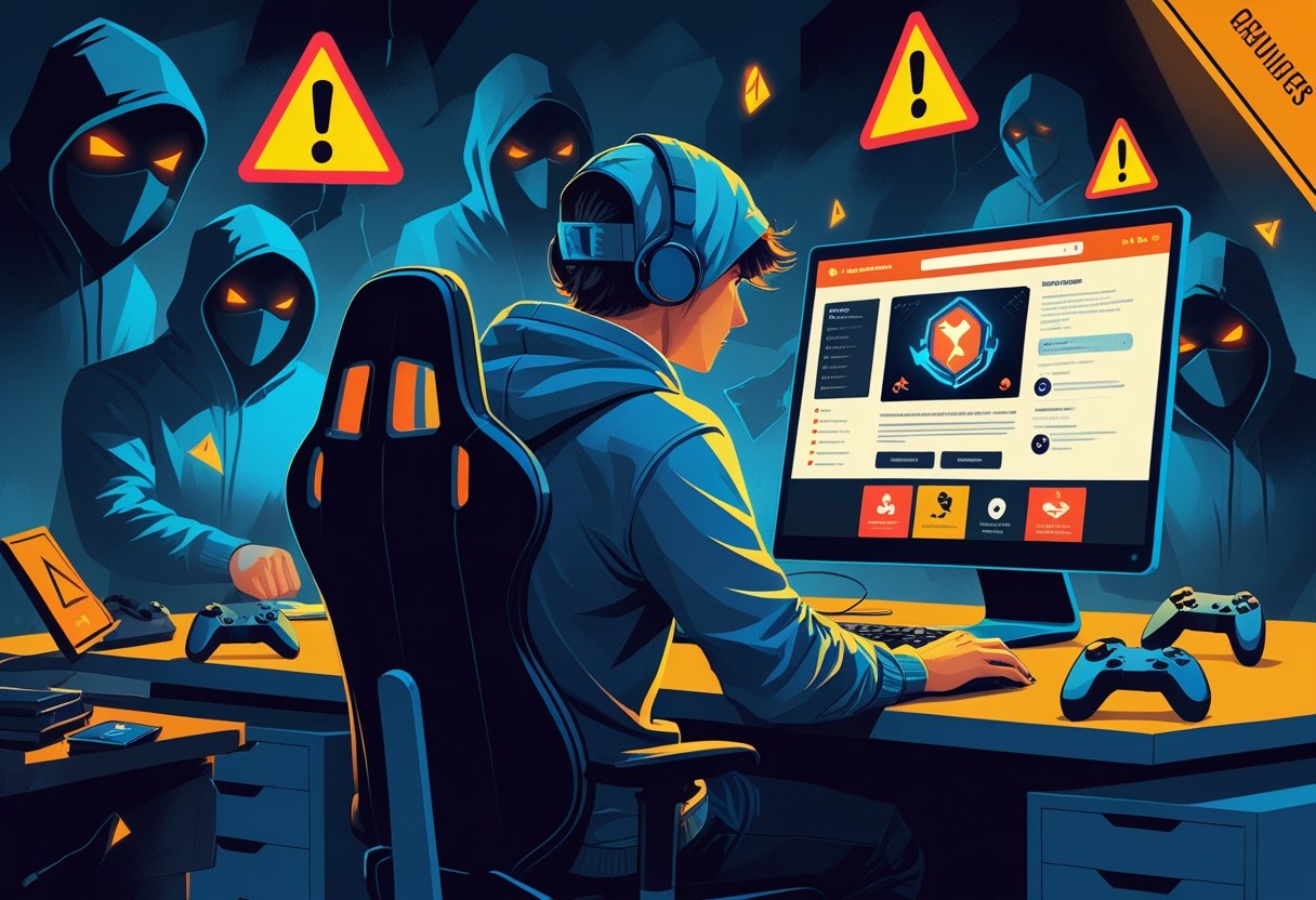 A worried gamer at a computer surrounded by warning signs and shadowy figures representing online risks.