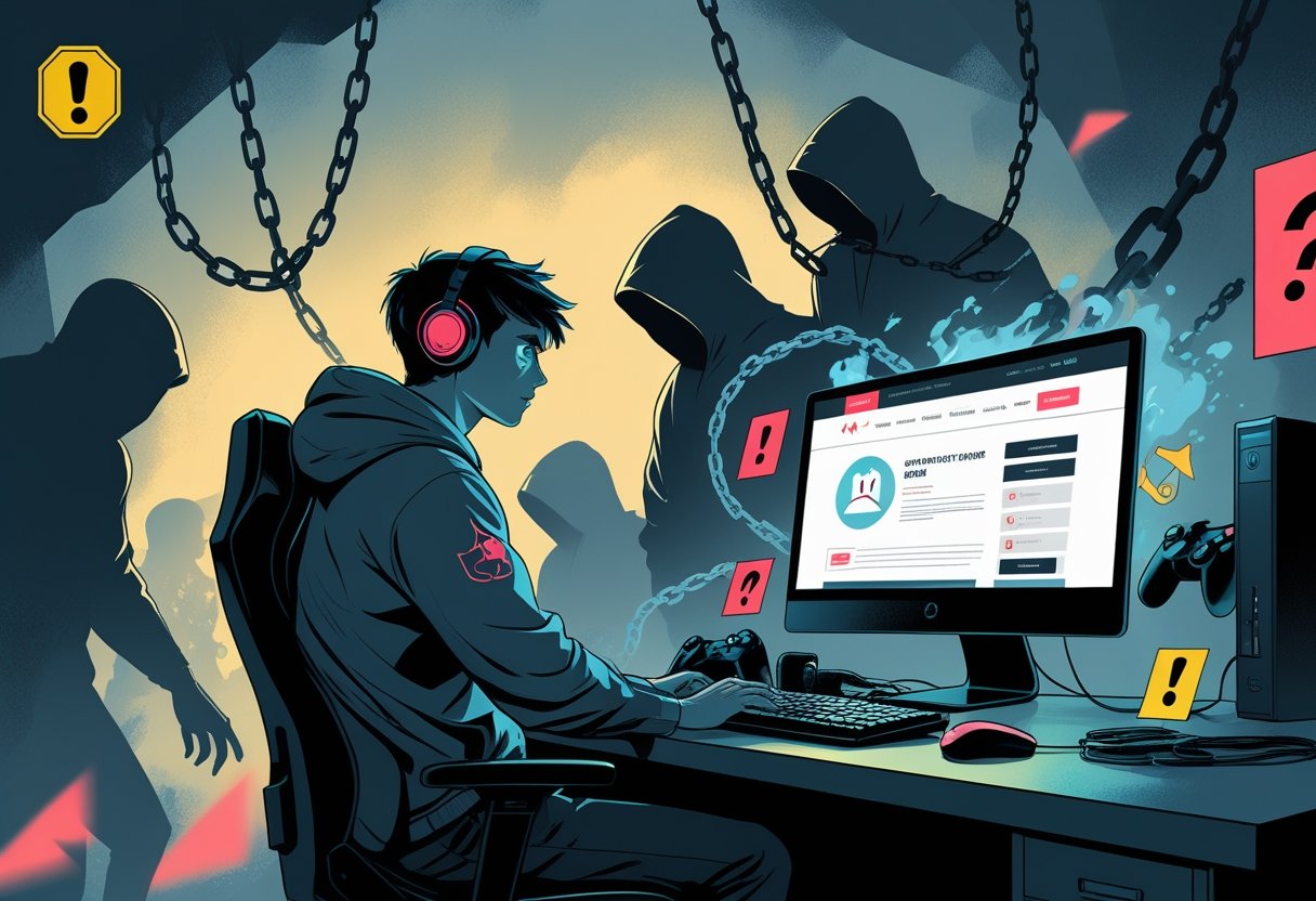 A worried gamer sitting at a computer desk surrounded by warning symbols and shadowy figures, indicating distrust and caution about an online gaming service.
