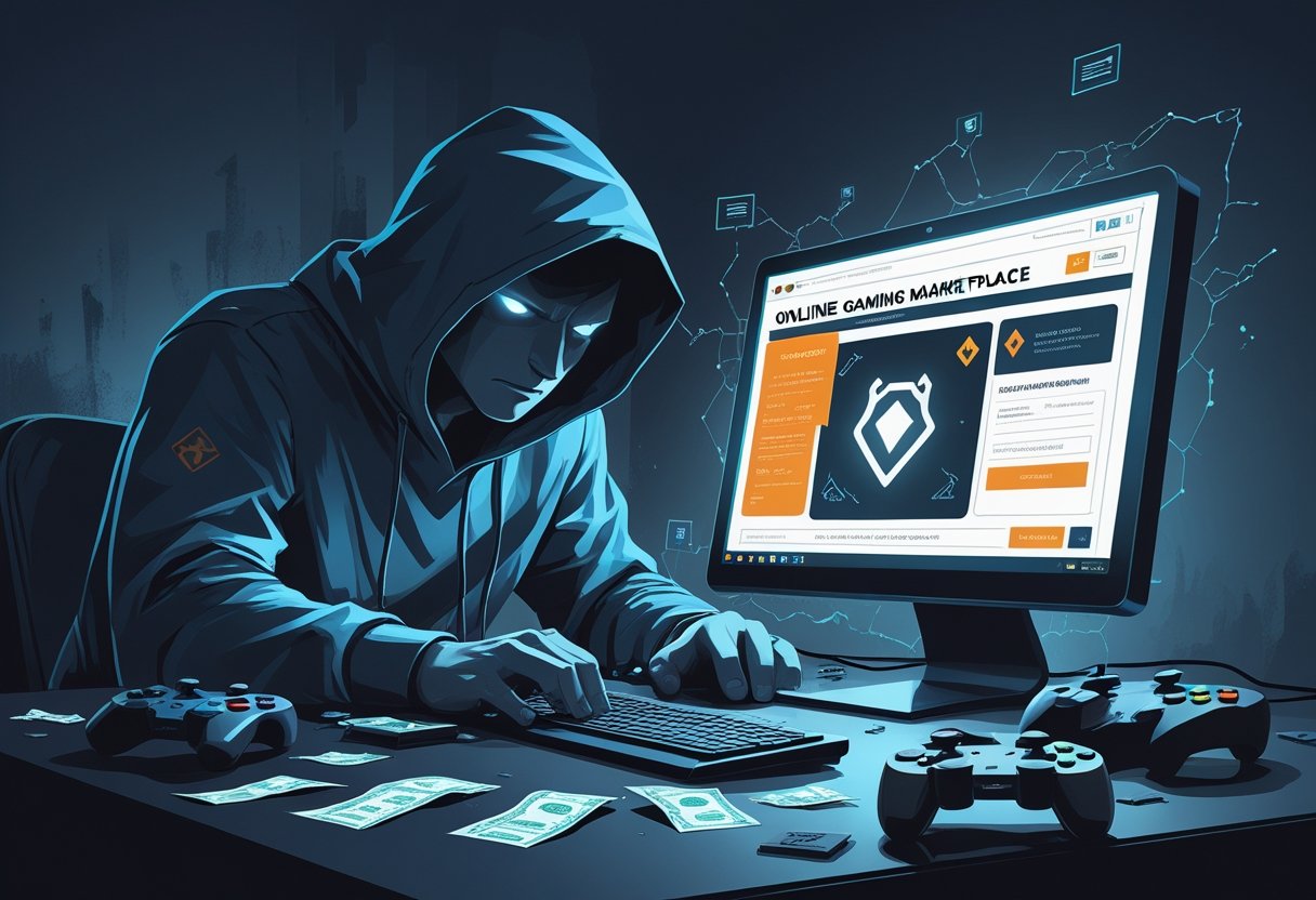 A worried gamer at a computer desk with a shadowy figure behind the screen, surrounded by broken game controllers and empty wallets, symbolizing online gaming marketplace risks.