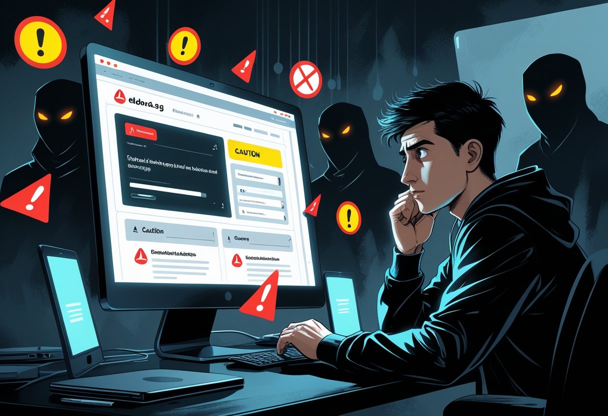 A worried person looking at a computer screen with warning symbols, surrounded by shadowy figures representing online risks.