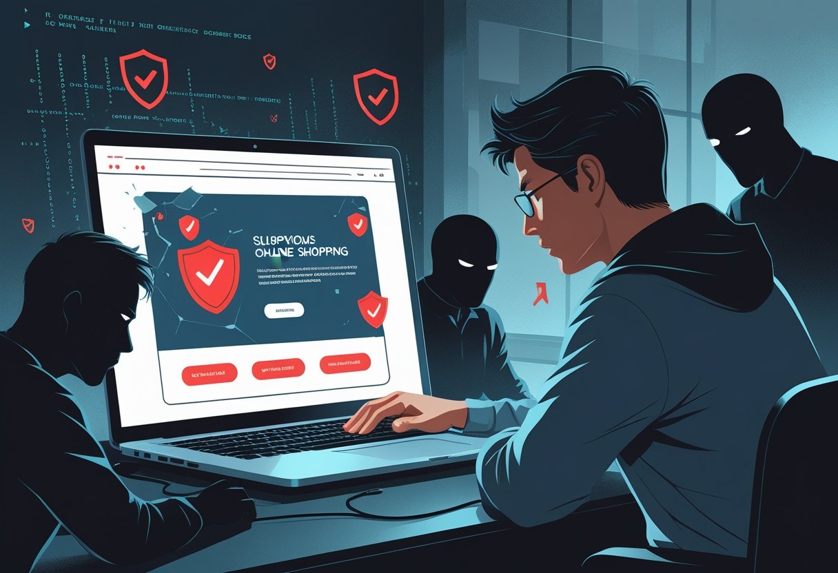 A person looking worriedly at a laptop screen with warning symbols, surrounded by shadowy figures representing doubt and uncertainty.