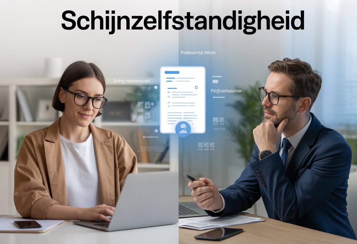 Een persoon werkt zelfstandig aan een laptop thuis tegenover dezelfde persoon die in een kantoor met een manager spreekt.