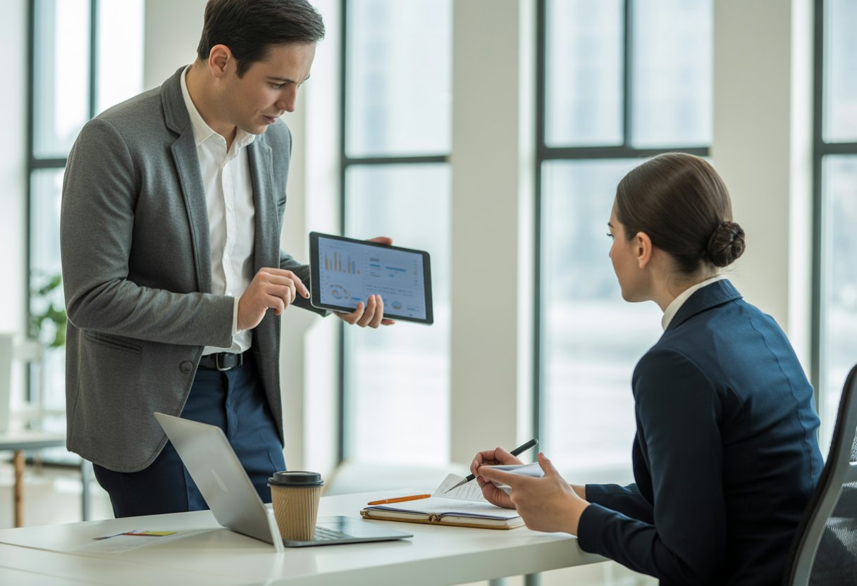 Twee mensen in een kantooromgeving voeren een serieus gesprek over werkrelaties, met een tablet en notitieblok op tafel.