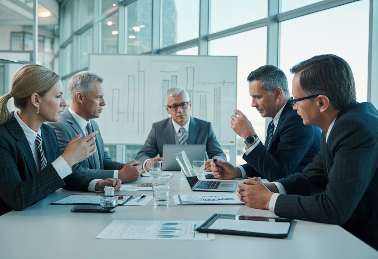 Een groep zakelijke professionals bespreekt documenten en financiële grafieken rond een vergadertafel in een moderne kantoorruimte.