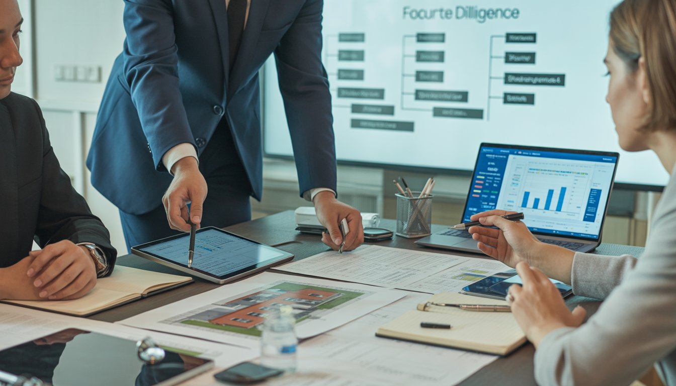 Business professionals collaborating around a table with documents, laptops, and charts related to foreclosure due diligence.