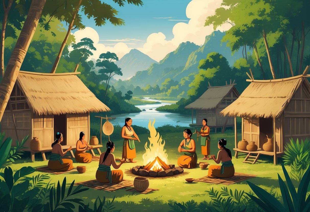 Ilustrasi sebuah desa tradisional suku Alas di tengah hutan tropis dengan orang-orang yang mengenakan pakaian adat sedang melakukan aktivitas sehari-hari seperti menenun, bertani, dan bercerita di sekitar api unggun, dengan rumah panggung, sungai, dan pegunungan di latar belakang.