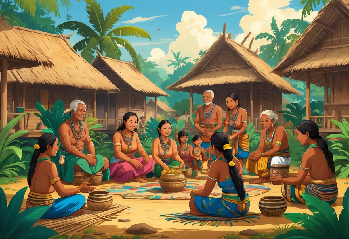 Sekelompok orang suku Alas mengenakan pakaian tradisional sedang beraktivitas bersama di sebuah desa dengan rumah kayu dan lingkungan tropis.