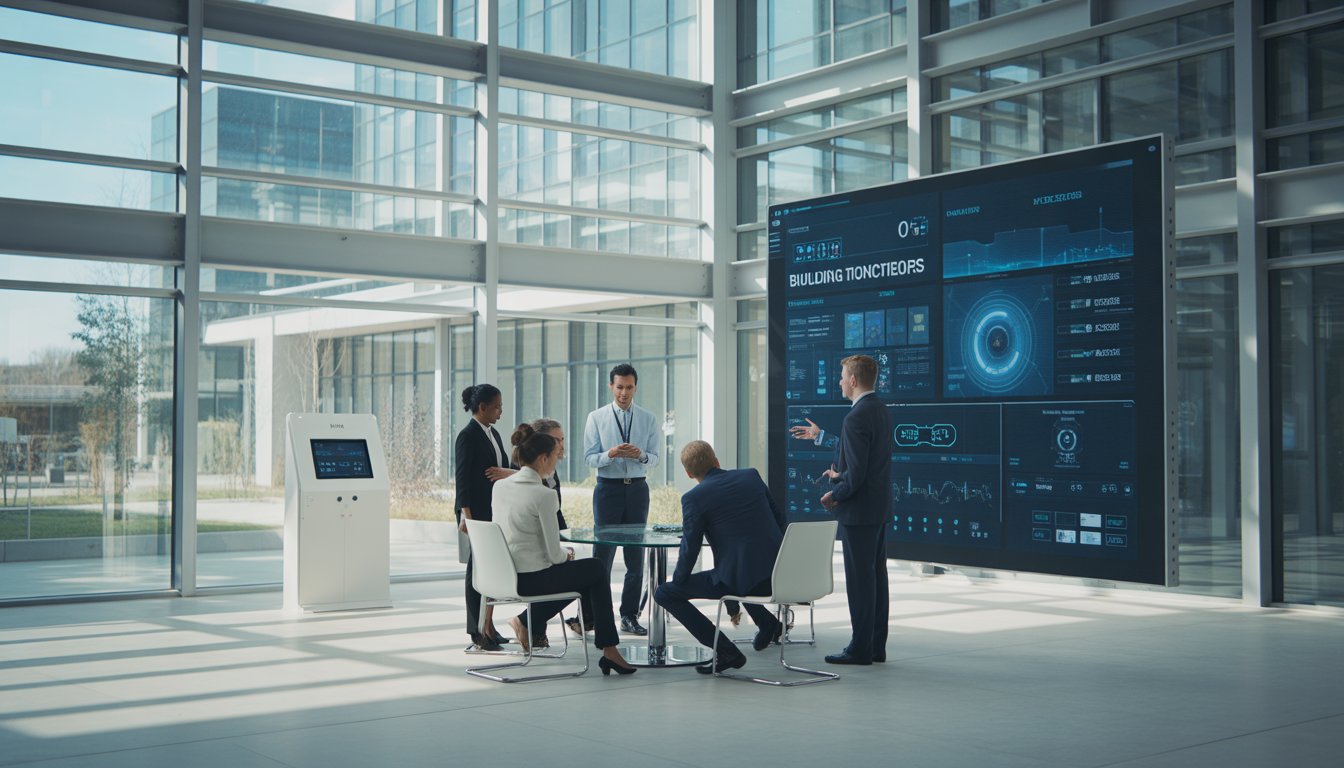 A modern office building with smart sensors and professionals discussing around a digital touchscreen table showing building data.