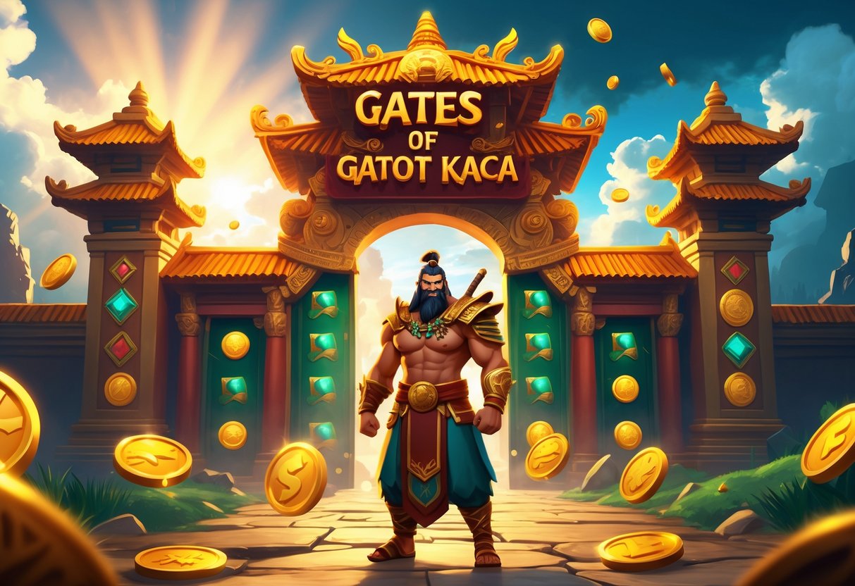 Ilustrasi seorang pahlawan Gatot Kaca berdiri di depan gerbang megah dengan ornamen tradisional, dikelilingi simbol-simbol permainan slot seperti koin emas dan permata, dengan latar langit dramatis.