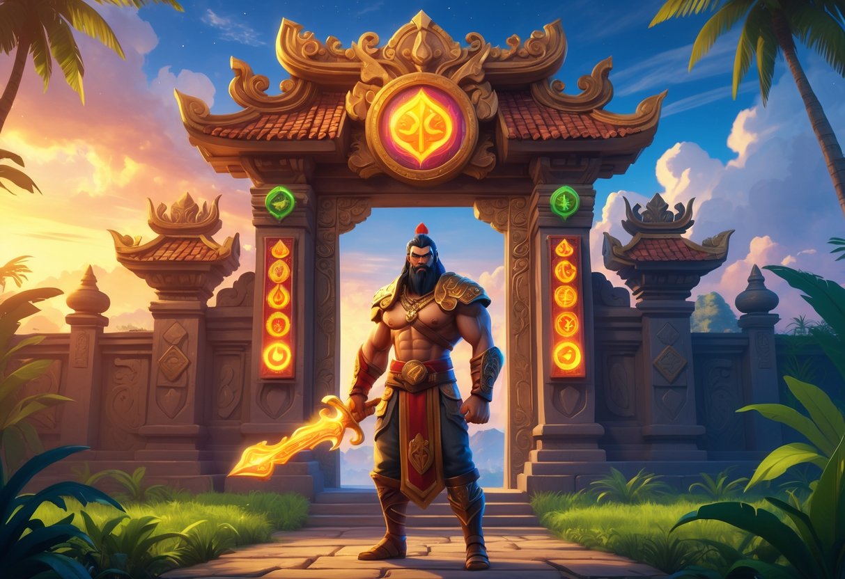Ilustrasi seorang pahlawan mitologi Indonesia berdiri di depan gerbang kuno yang megah dengan latar belakang langit fajar dan pepohonan tropis.
