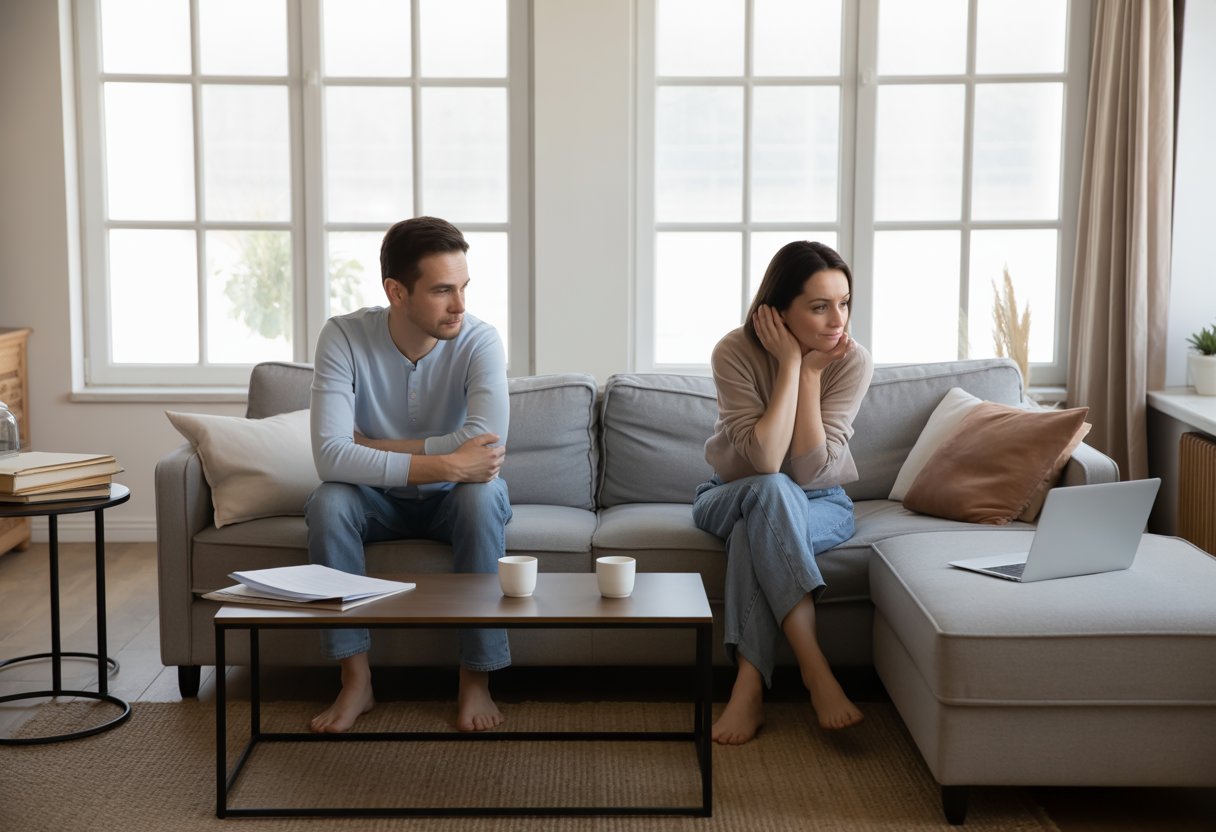 Na de scheiding toch samen in één huis wonen: complete juridische en praktische gids 1 Een man en een vrouw zitten op een bank in een lichte woonkamer, ze delen rustig dezelfde ruimte na een scheiding.