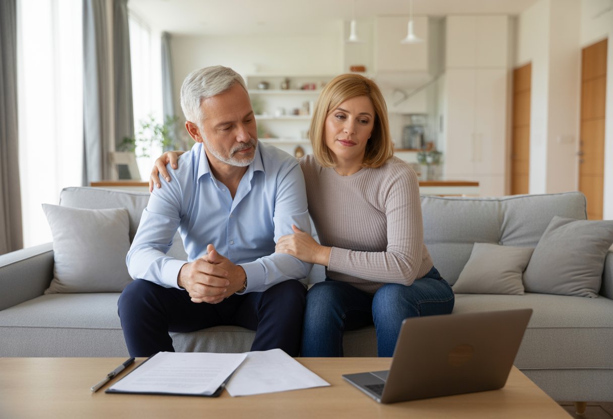 Na de scheiding toch samen in één huis wonen: complete juridische en praktische gids 2 Een volwassen stel zit samen op een bank in een lichte woonkamer, rustig en respectvol met elkaar omgaand.