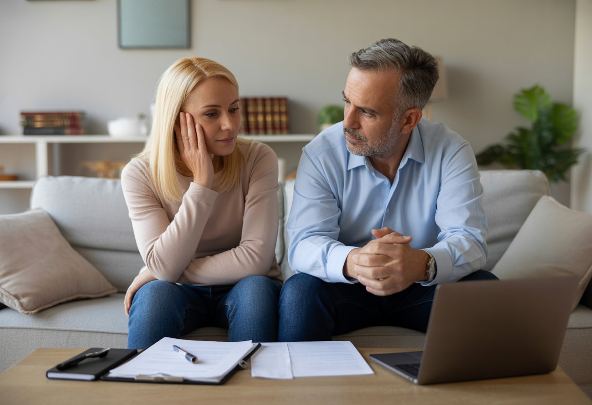 Na de scheiding toch samen in één huis wonen: complete juridische en praktische gids 3 Een volwassen stel zit samen op een bank in een woonkamer met documenten op tafel, ze lijken een serieus gesprek te voeren.