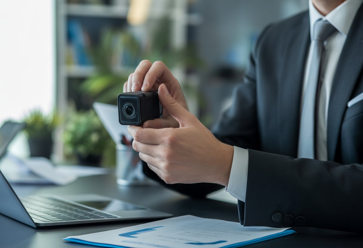 Undercover-opnames en heimelijk filmen als bewijs: toegestane regels en beperkingen 1 Een persoon die heimelijk een gesprek opneemt in een moderne kantooromgeving.