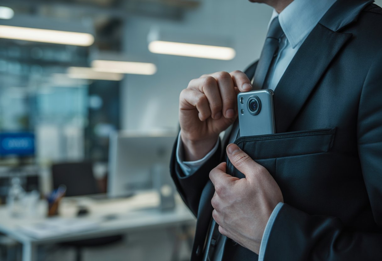 Undercover-opnames en heimelijk filmen als bewijs: toegestane regels en beperkingen 2 Een persoon in zakelijke kleding die stiekem een kleine verborgen camera vasthoudt in een kantooromgeving.