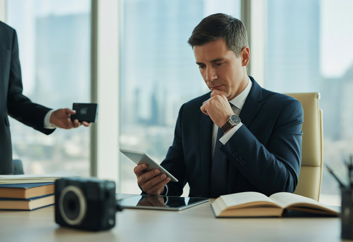 Undercover-opnames en heimelijk filmen als bewijs: toegestane regels en beperkingen 3 Een advocaat in een kantoor onderzoekt bewijs met een verborgen camera op het bureau en een persoon met een opnameapparaat op de achtergrond.