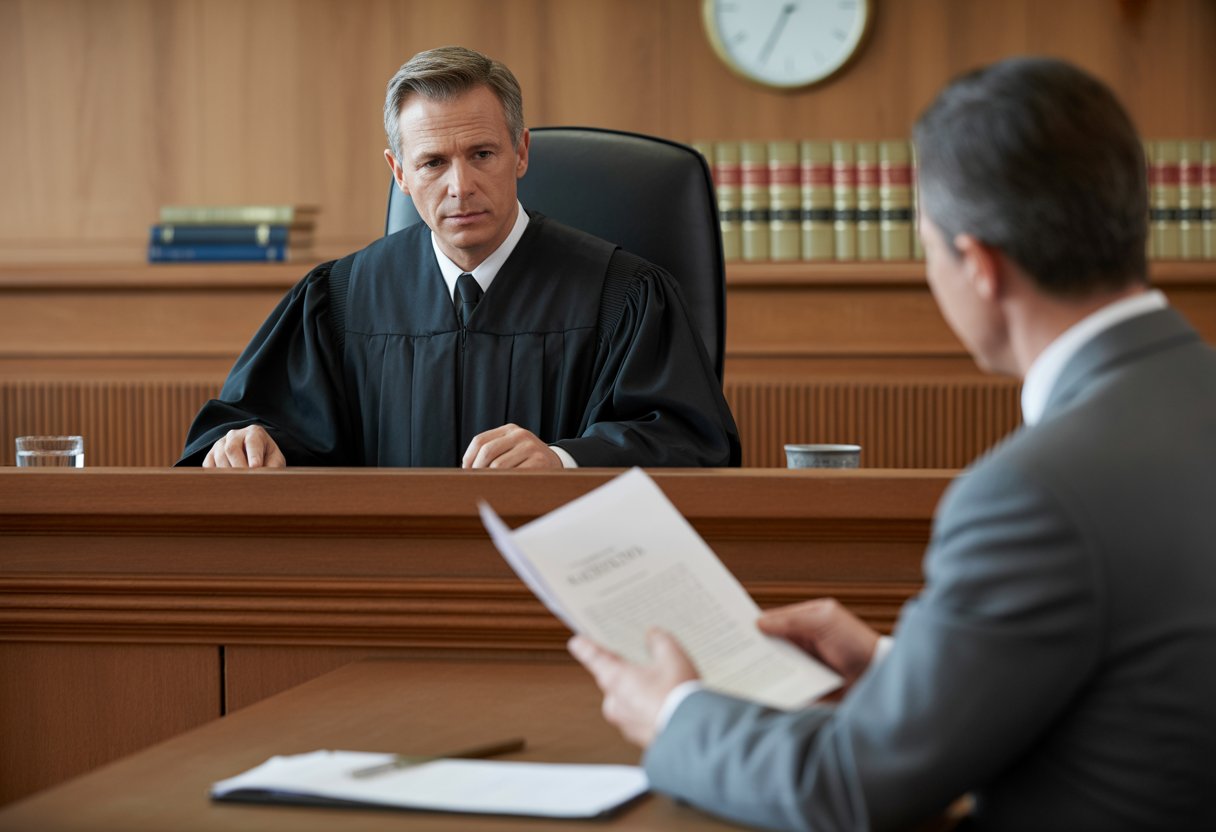 Strafvermindering door overschrijding van de redelijke termijn: Uitleg en Praktijk 2 Een rechter en een advocaat in een rechtbank tijdens een rechtszitting over redelijke termijnen in het strafrecht.