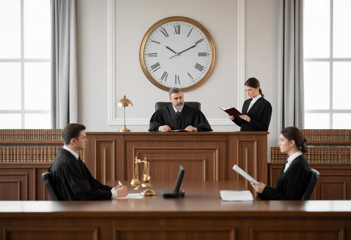 Strafvermindering door overschrijding van de redelijke termijn: Uitleg en Praktijk 3 Een rechtbank met een rechter, een advocaat en een verdachte, met een grote klok aan de muur die het belang van tijd aangeeft.