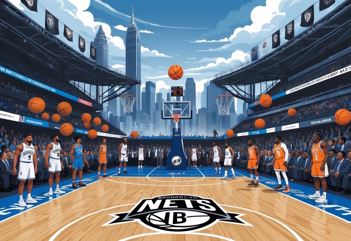 Ilustrasi yang menunjukkan sejarah dan perkembangan klub basket Brooklyn Nets dengan pemain, lapangan, dan latar kota Brooklyn.