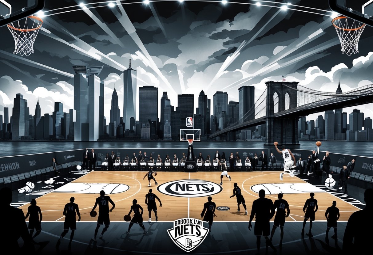 Ilustrasi yang menunjukkan perjalanan dan momen penting klub bola basket Brooklyn Nets dengan pemain yang sedang bermain di lapangan dan latar belakang jembatan Brooklyn.