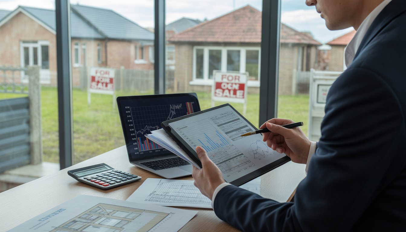 A real estate professional analyzing foreclosure property valuation documents and digital data in a modern office overlooking residential homes.