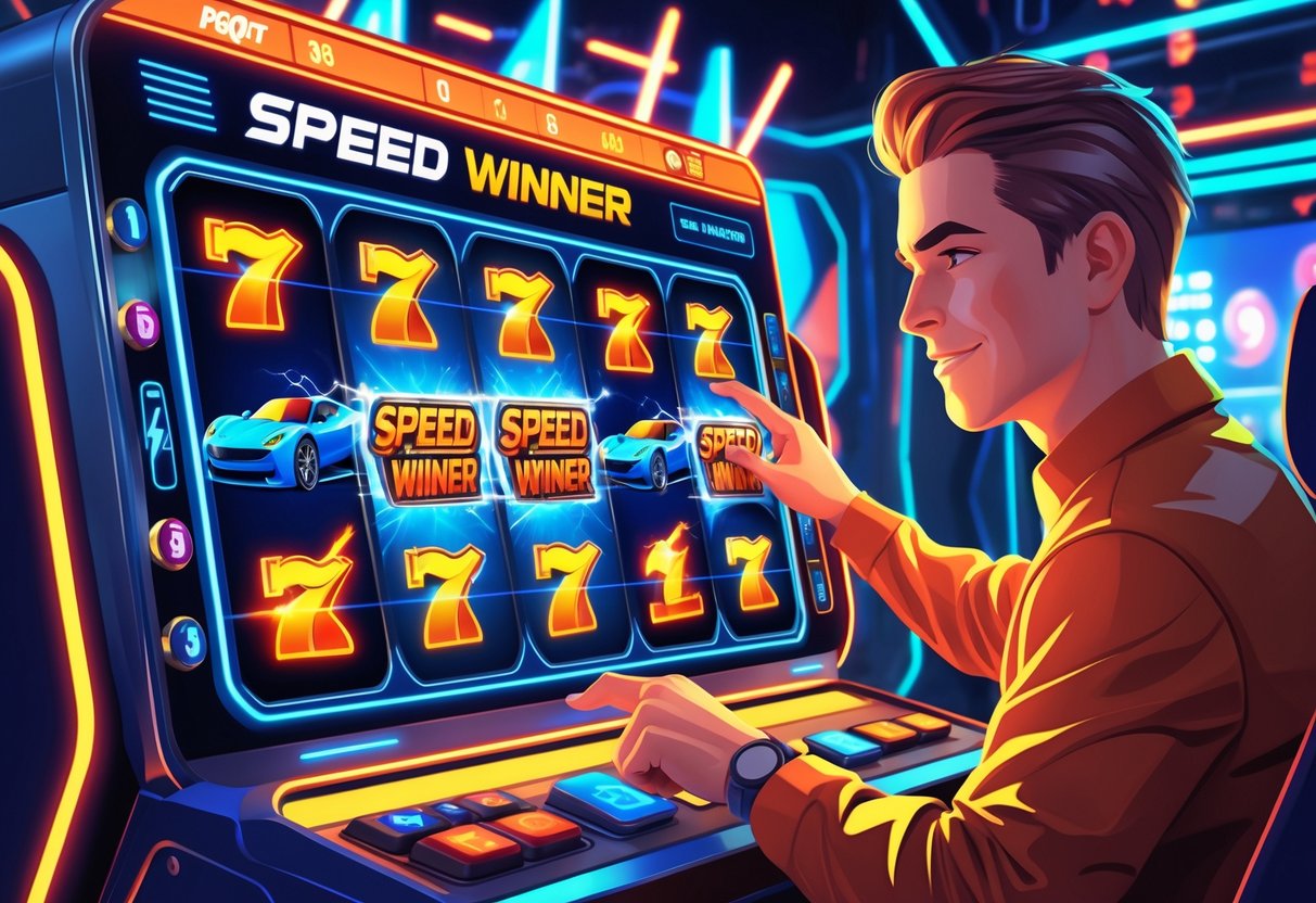Ilustrasi seorang pemain yang sedang bermain game slot online Speed Winner dengan latar belakang mesin slot digital yang berputar cepat dan simbol kecepatan.