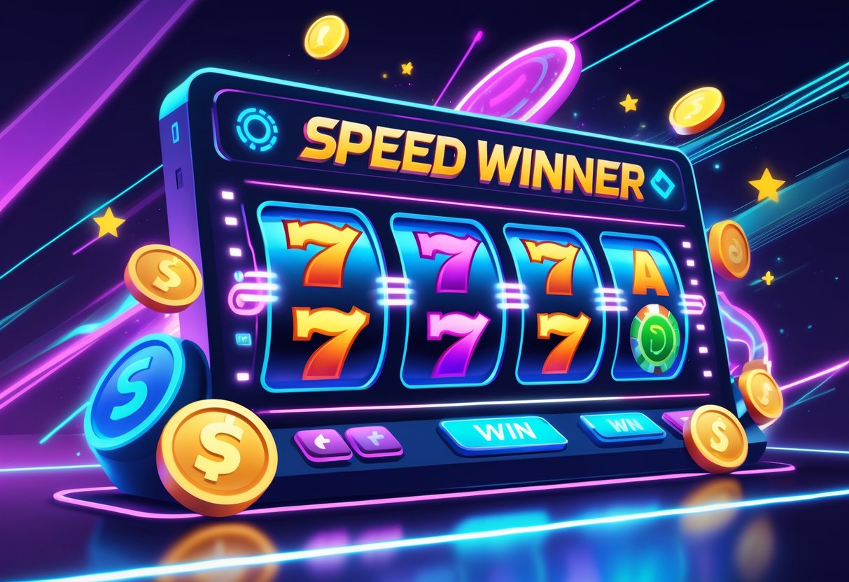 Ilustrasi mesin slot dengan gulungan berputar cepat dan simbol warna-warni, dikelilingi oleh ikon koin dan hadiah yang menunjukkan kemenangan dan kecepatan permainan.