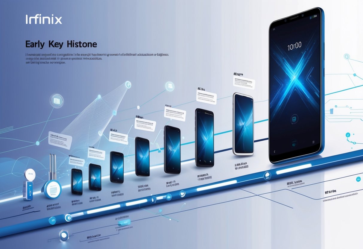 Ilustrasi yang menunjukkan perkembangan sejarah merek ponsel Infinix dari awal hingga saat ini dengan gambar ponsel dan garis waktu.