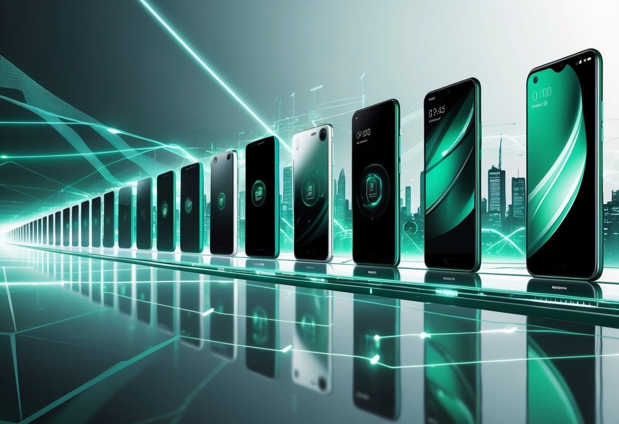 Ilustrasi yang menunjukkan perkembangan dan inovasi produk ponsel Infinix dari model lama hingga desain terbaru.