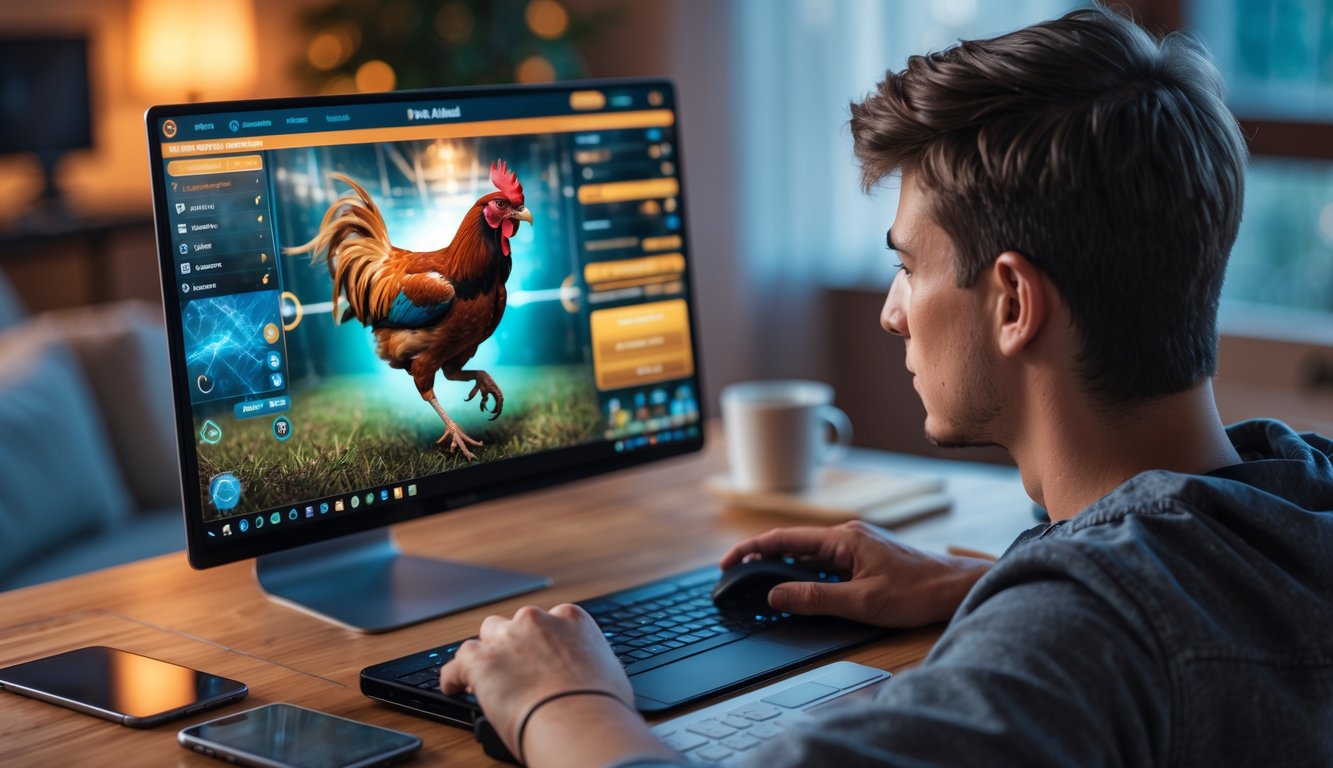 Seorang pria muda sedang bermain permainan sabung ayam online di laptop di atas meja kayu dengan latar belakang rumah yang nyaman.