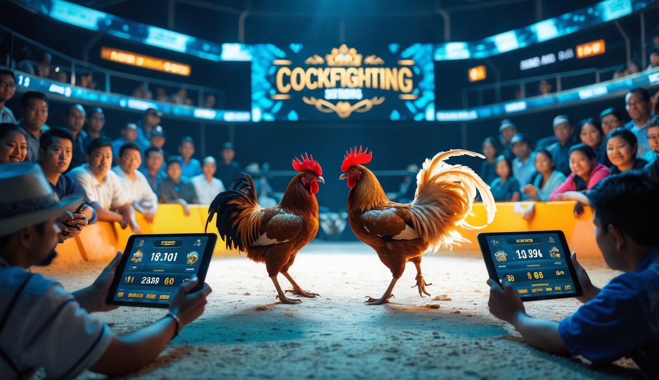 Dua ayam jago sedang bertarung di arena dengan penonton yang menggunakan perangkat digital di latar belakang.