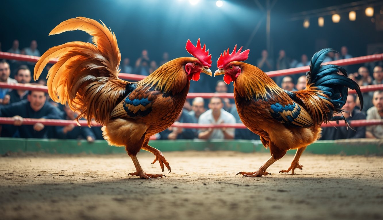 Dua ayam jago sedang bertarung di arena sabung dengan penonton di sekitar mereka.