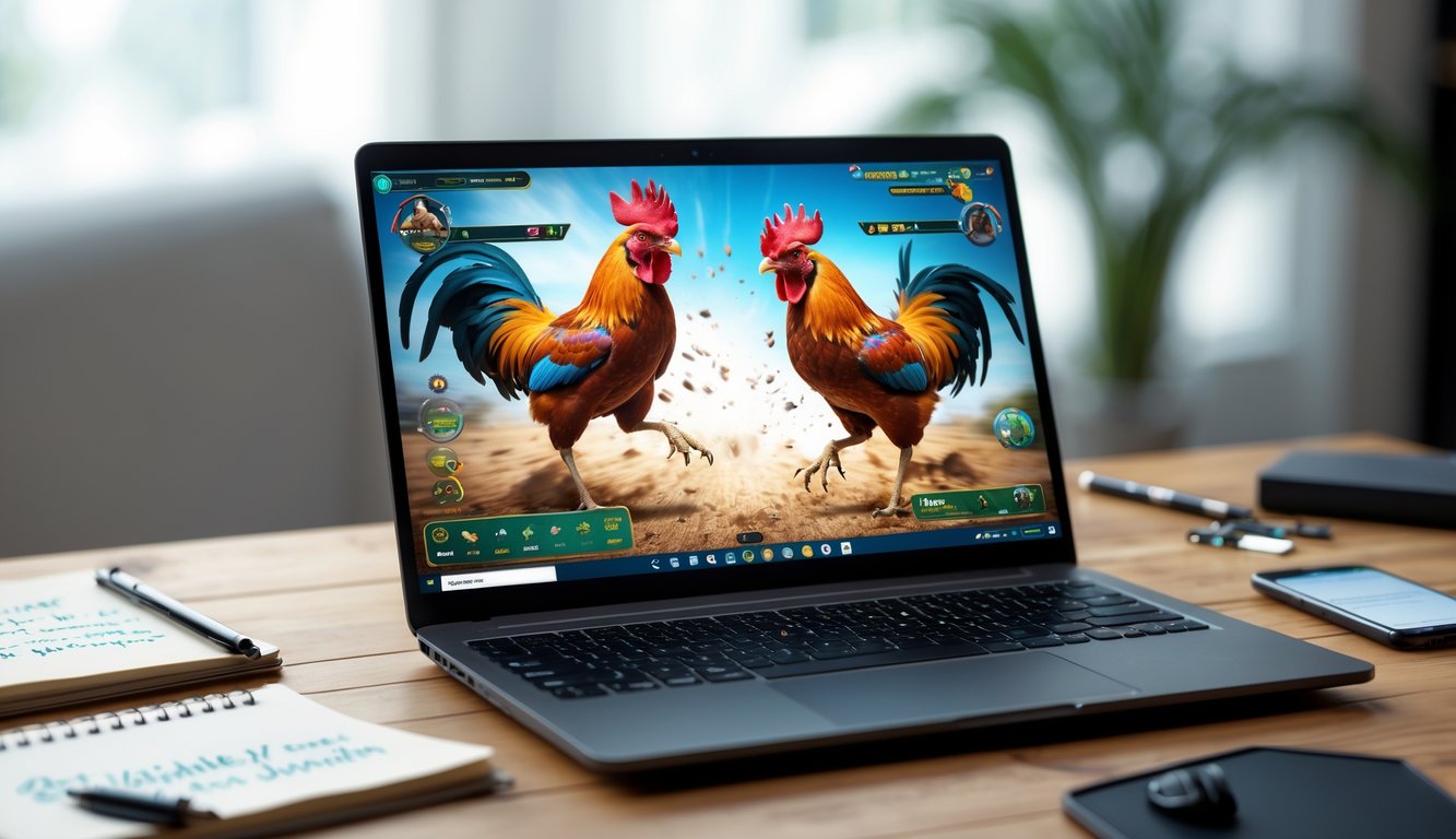 Seorang pria menggunakan laptop untuk bermain sabung ayam online dengan suasana penuh ketegangan dan fokus.