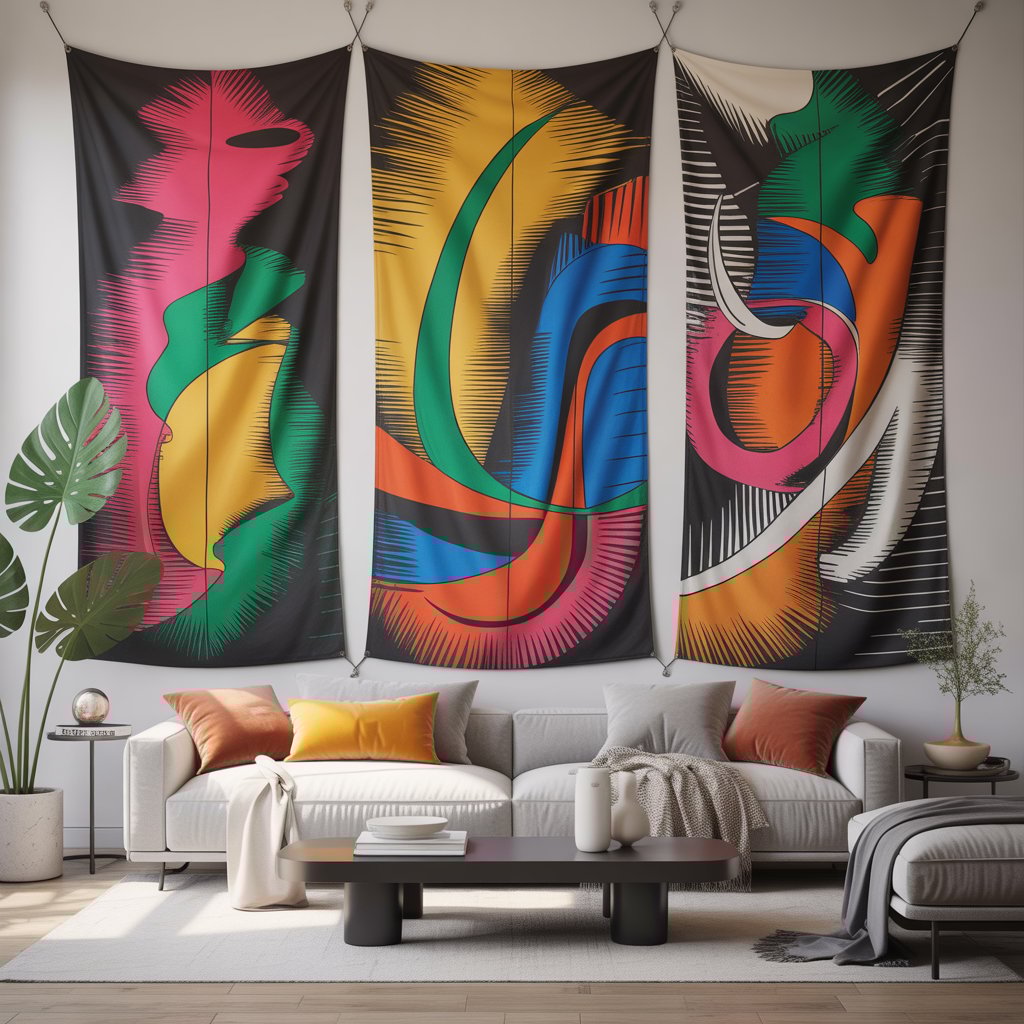 A modern living room with large colorful abstract wall tapestries, a sofa, coffee table, and decorative plants.