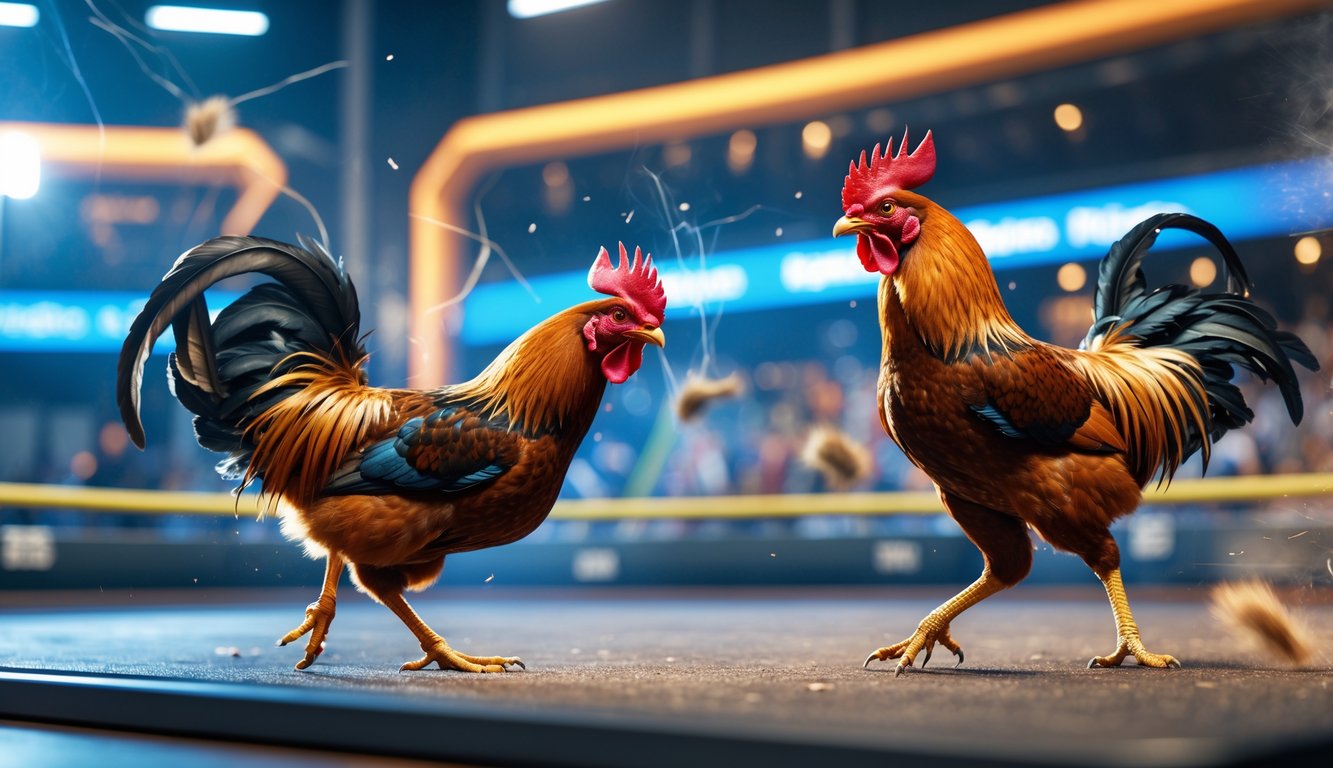 Layar perangkat digital menampilkan pertarungan dua ayam jago secara real-time dengan latar belakang arena virtual.