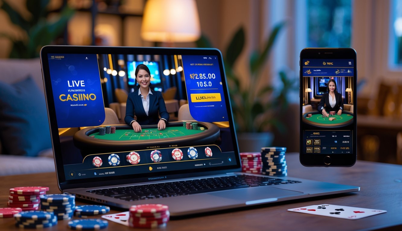 Seorang dealer kasino langsung sedang berinteraksi dengan pemain melalui layar komputer di lingkungan rumah yang nyaman.