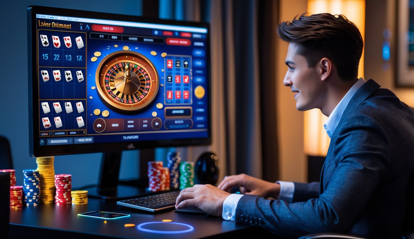 Seorang dewasa muda bermain permainan kasino online langsung di komputer di ruang tamu yang nyaman.