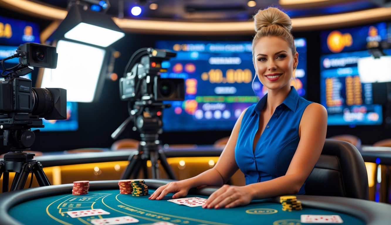 Seorang dealer profesional duduk di meja permainan kasino dengan kartu dan chip, dikelilingi oleh kamera dan layar yang menampilkan data permainan secara real-time.