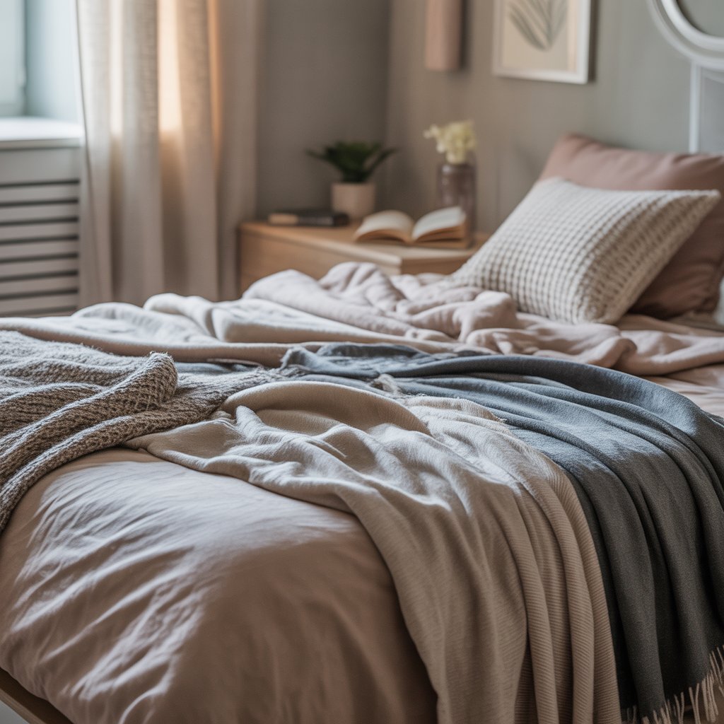 An unmade bed with layered blankets in a cozy bedroom with soft natural light and simple decor.