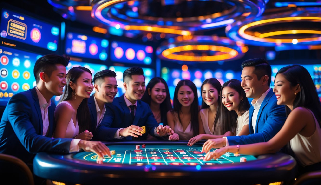 Sekelompok orang muda bermain game kasino online secara langsung di meja digital dengan layar besar dan lampu warna-warni.